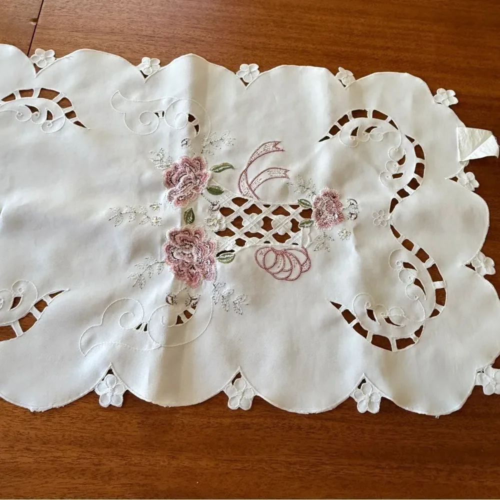 Vintage Doily Style Table Rubber With Embroidered Pink And Green Flowers 57”x15”